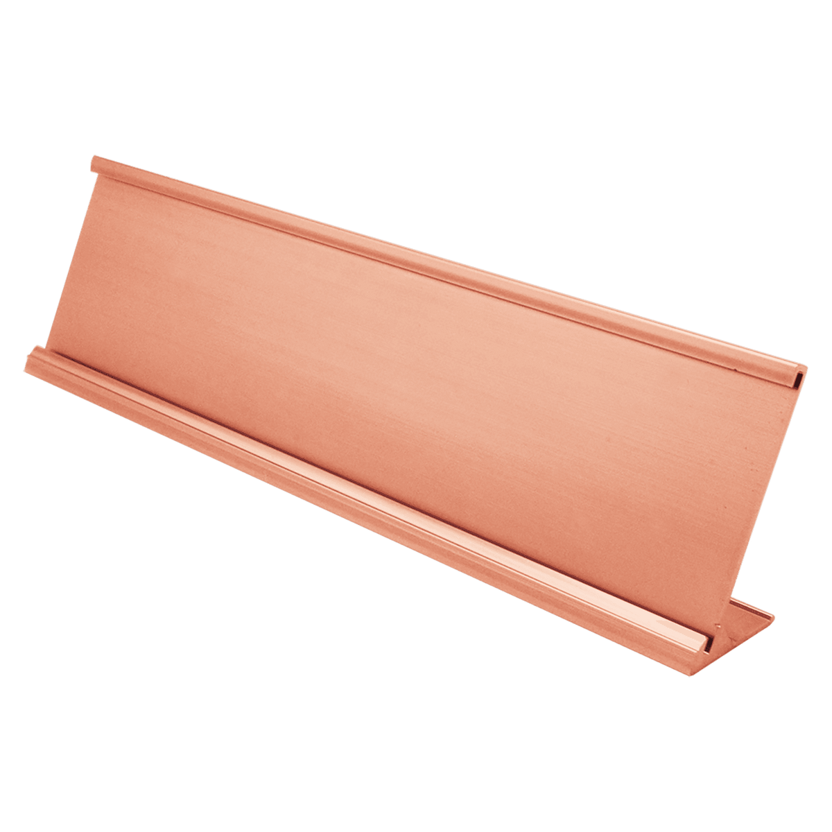 A Polished Rose Gold 2" x 8" Aluminum Desk Holder Fits 1/16" Thick Plastic Insert