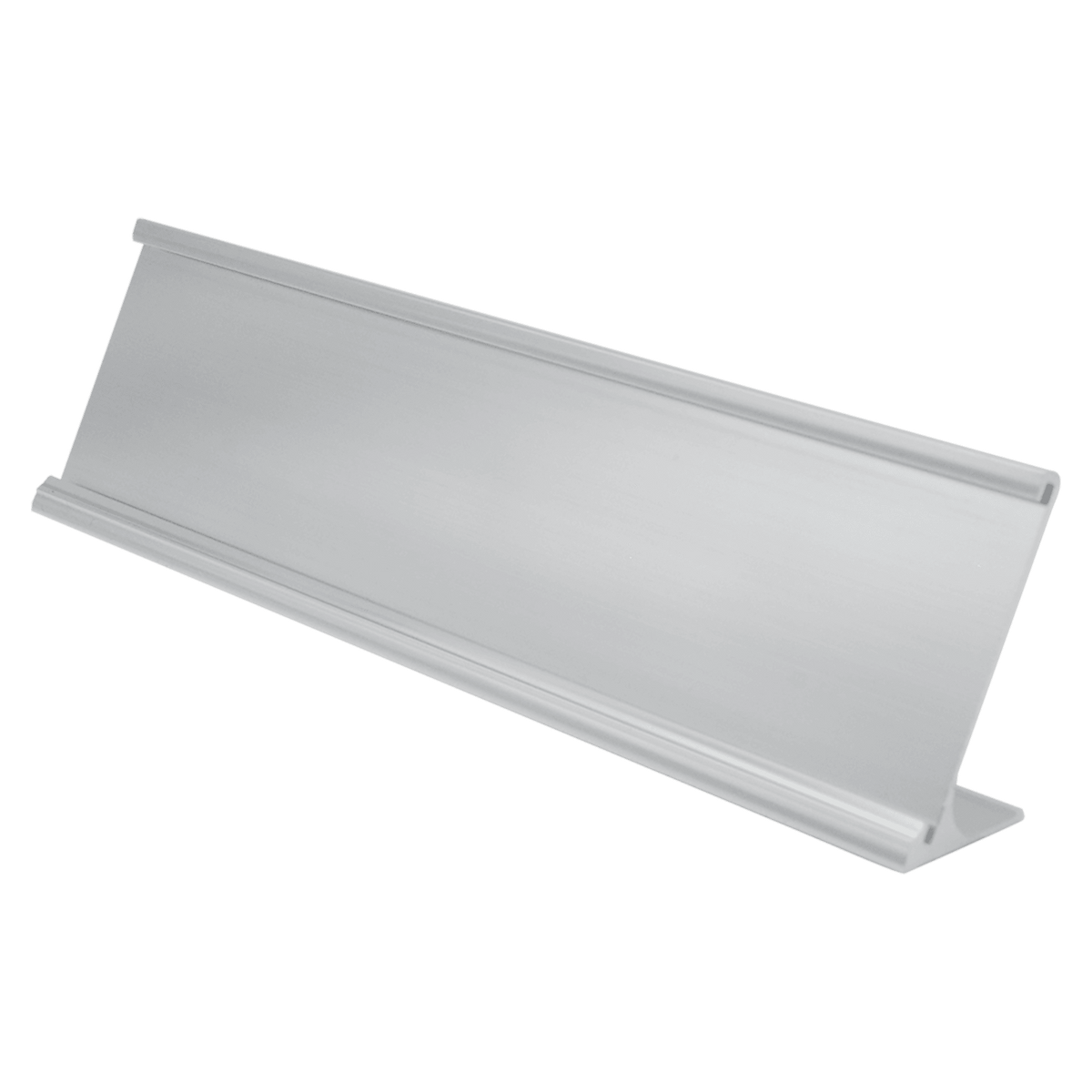 A Polished Silver 2" x 8" Aluminum Desk Holder Fits 1/16" Thick Plastic Insert