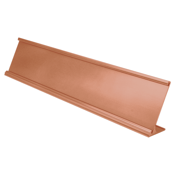 A Polished Rose Gold 2" x 10" Aluminum Desk Holder Fits 1/8" Thick Plastic Insert