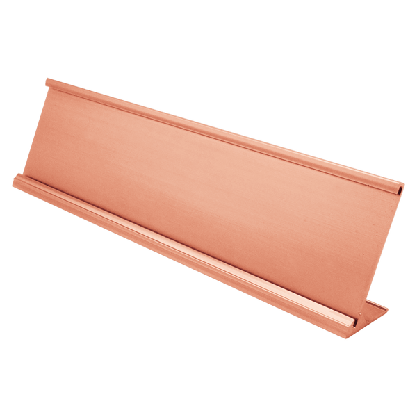 A Polished Rose Gold 2" x 8" Aluminum Desk Holder Fits 1/8" Thick Plastic Insert