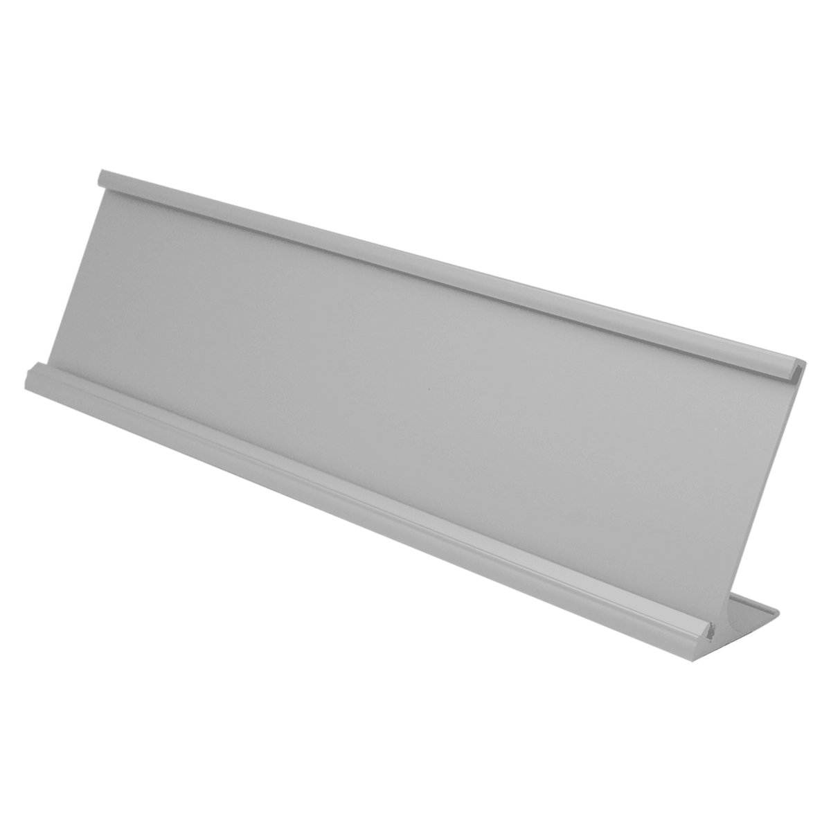 A Satin Silver 2" x 8" Aluminum Desk Holder Fits 1/8" Thick Plastic Insert