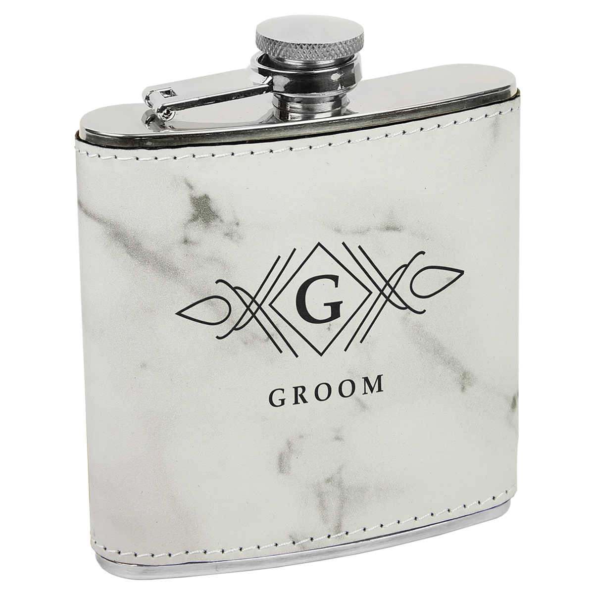 White Marble with Black Engraving 6 Oz Flask - Laser Engraved Drinkware