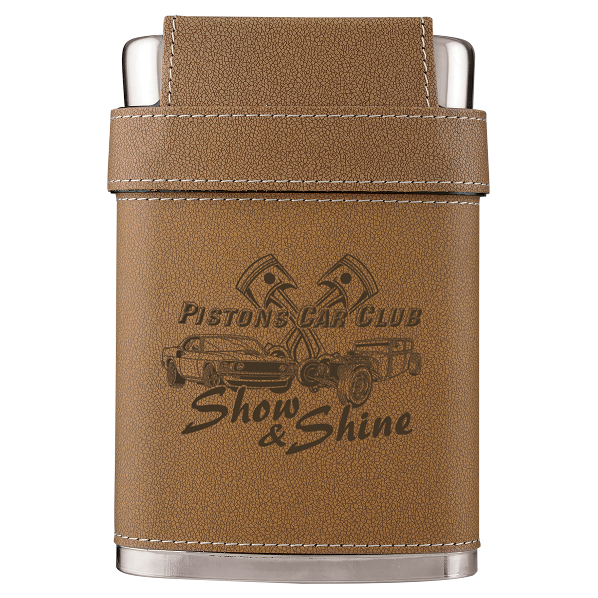 7 Oz Leather Wrapped Flask Kit Lid & 3 Shot Glasses - Laser Engraved Drinkware