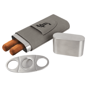 Gray with Black Engraving Laserable Leatherette Cigar Case with Cutter - Laser Engraved Leatherette