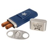 Blue with Silver Engraving Laserable Leatherette Cigar Case with Cutter - Laser Engraved Leatherette