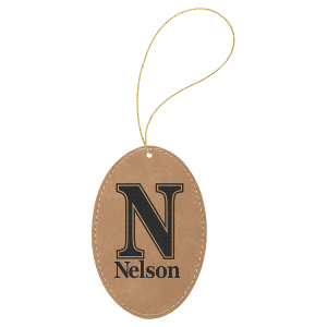 Light Brown with Black Engraving Oval Ornament with String - Laser Engraved Leatherette