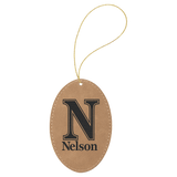 Light Brown with Black Engraving Oval Ornament with String - Laser Engraved Leatherette