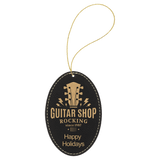 Black with Gold Engraving Oval Ornament with String - Laser Engraved Leatherette