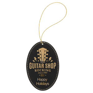 Black with Gold Engraving Oval Ornament with String - Laser Engraved Leatherette