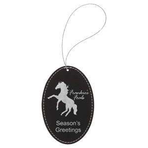 Black with Silver Engraving Oval Ornament with String - Laser Engraved Leatherette