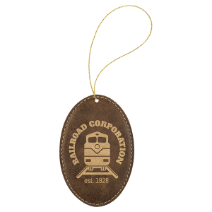 Rustic with Gold Engraving Oval Ornament with String - Laser Engraved Leatherette