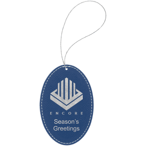 Blue with Silver Engraving Oval Ornament with String - Laser Engraved Leatherette