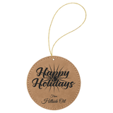Light Brown with Black Engraving Round Ornament with String - Laser Engraved Leatherette