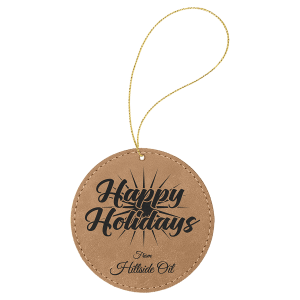 Light Brown with Black Engraving Round Ornament with String - Laser Engraved Leatherette