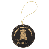 Black with Gold Engraving Round Ornament with String - Laser Engraved Leatherette