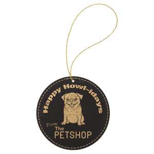 Black with Gold Engraving Round Ornament with String - Laser Engraved Leatherette