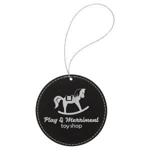 Black with Silver Engraving Round Ornament with String - Laser Engraved Leatherette