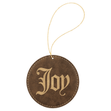 Rustic with Gold Engraving Round Ornament with String - Laser Engraved Leatherette