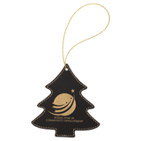 Black with Gold Engraving Tree Ornament with String - Laser Engraved Leatherette