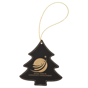 Black with Gold Engraving Tree Ornament with String - Laser Engraved Leatherette