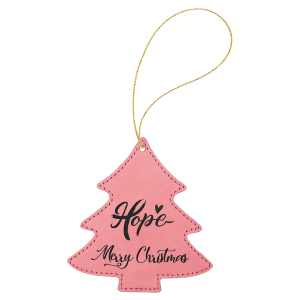 Pink with Black Engraving Tree Ornament with String - Laser Engraved Leatherette