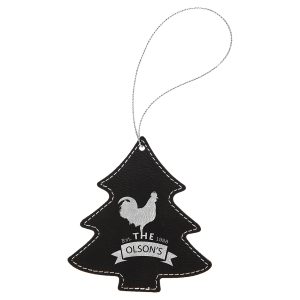 Black with Silver Engraving Tree Ornament with String - Laser Engraved Leatherette