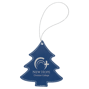 Blue with Silver Engraving Tree Ornament with String - Laser Engraved Leatherette