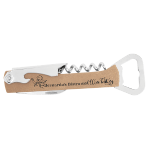 Light Brown with Black Engraving Leatherette Wine Corkscrew - Laser Engraved Leatherette