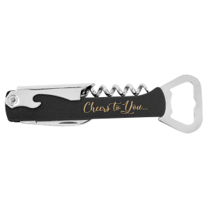 Black with Gold Engraving Leatherette Wine Corkscrew - Laser Engraved Leatherette