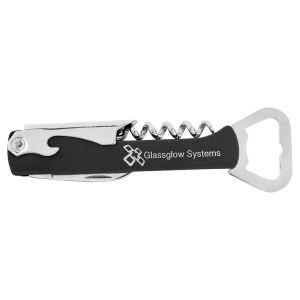 Black with Silver Engraving Leatherette Wine Corkscrew - Laser Engraved Leatherette