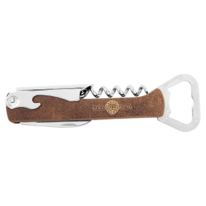 Rustic with Gold Engraving Leatherette Wine Corkscrew - Laser Engraved Leatherette