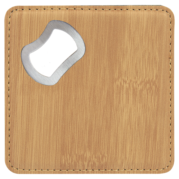 Bamboo with Black Engraving Square Bottle Opener Coaster - Laser Engraved Drinkware