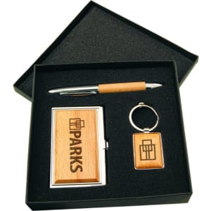 Silver & Wood Gift Set - Business Card Case, Pen & Keychain - Laser Engraved Gift