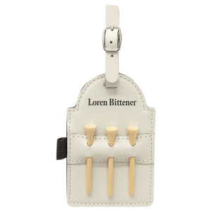 White with Black Engraving Tag with 3 Wooden Tees - Laser Engraved Leatherette