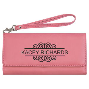 Pink with Black Engraving Wallet with Strap - Laser Engraved Leatherette