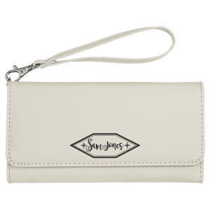White with Black Engraving Wallet with Strap - Laser Engraved Leatherette