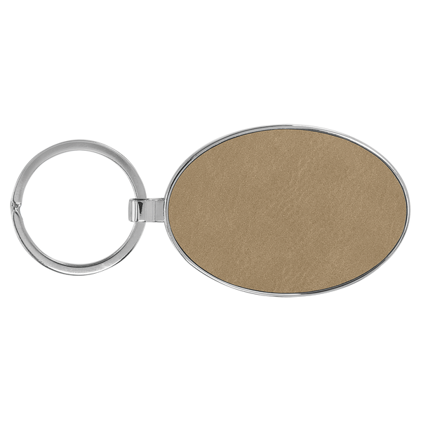 Light Brown with Black Engraving Metal Oval Keychain - Laser Engraved Leatherette