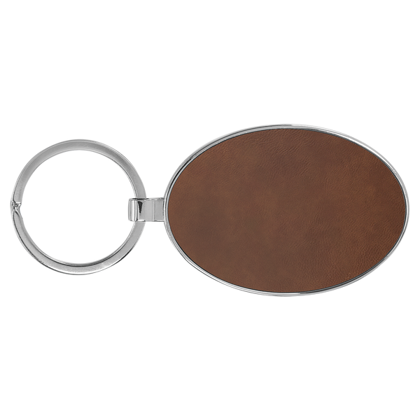 Dark Brown with Black Engraving Metal Oval Keychain - Laser Engraved Leatherette
