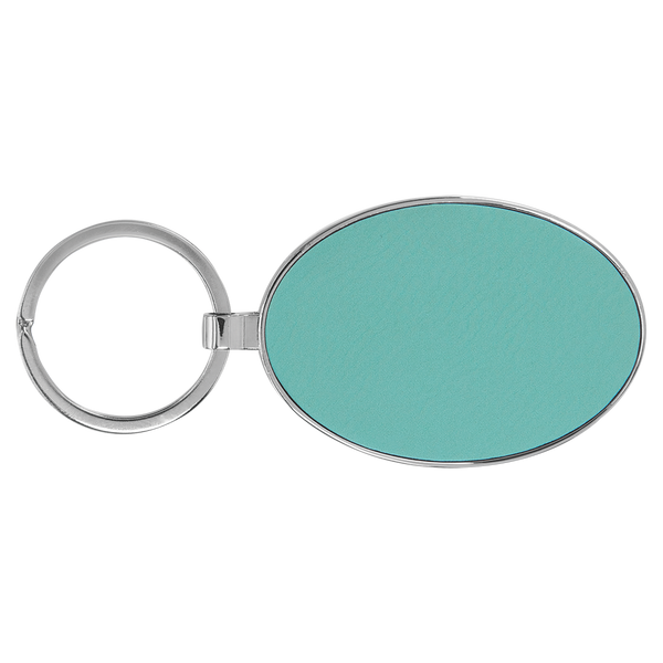 Teal with Black Engraving Metal Oval Keychain - Laser Engraved Leatherette