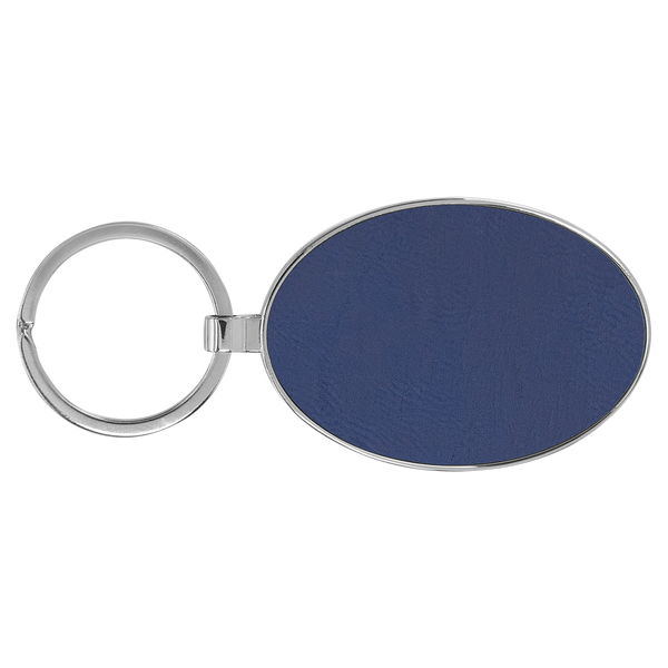 Blue with Silver Engraving Metal Oval Keychain - Laser Engraved Leatherette