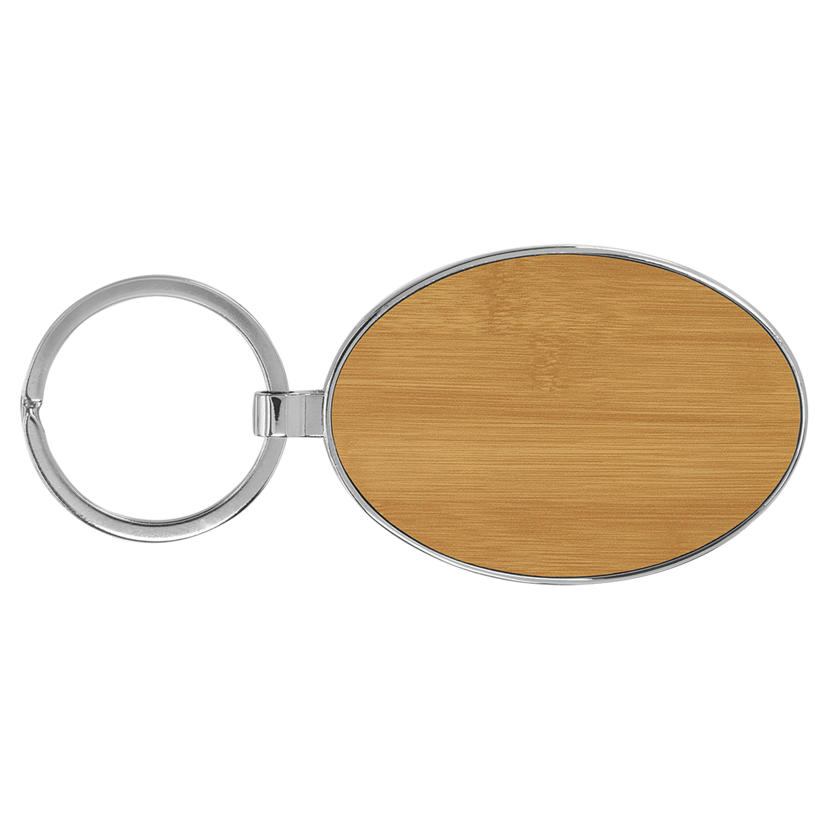 Bamboo with Black Engraving Metal Oval Keychain - Laser Engraved Leatherette