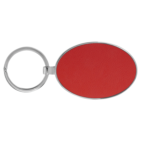 Red with Black Engraving Metal Oval Keychain - Laser Engraved Leatherette