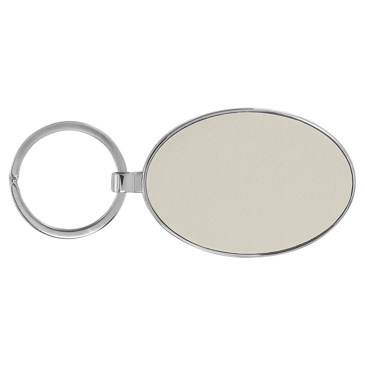 White with Black Engraving Metal Oval Keychain - Laser Engraved Leatherette