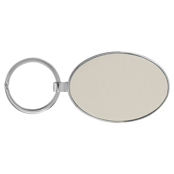 White with Black Engraving Metal Oval Keychain - Laser Engraved Leatherette