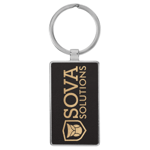 Black with Gold Engraving Rectangle Keychain - Leatherette & Metal - Laser Engraved Leatherette