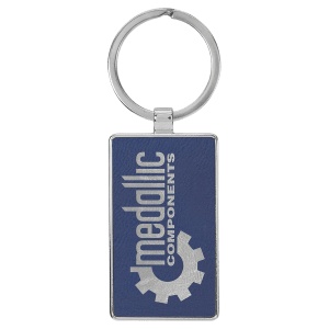 Blue with Silver Engraving Rectangle Keychain - Leatherette & Metal - Laser Engraved Leatherette