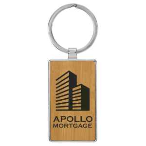 Bamboo with Black Engraving Rectangle Keychain - Leatherette & Metal - Laser Engraved Leatherette
