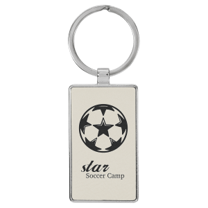 White with Black Engraving Rectangle Keychain - Leatherette & Metal - Laser Engraved Leatherette