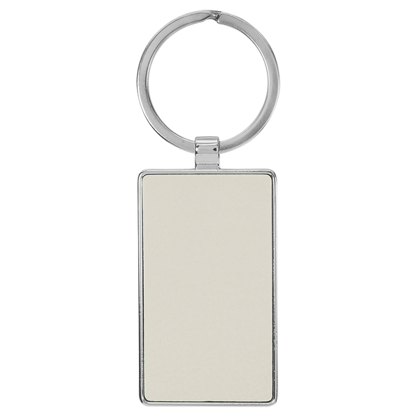 White with Black Engraving Rectangle Keychain - Leatherette & Metal - Laser Engraved Leatherette