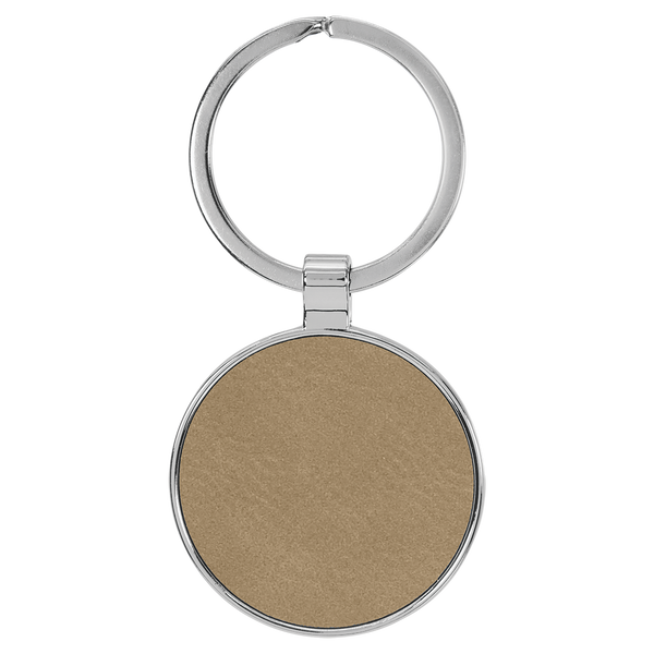 Light Brown with Black Engraving Round Keychain - Leatherette & Metal - Laser Engraved Leatherette